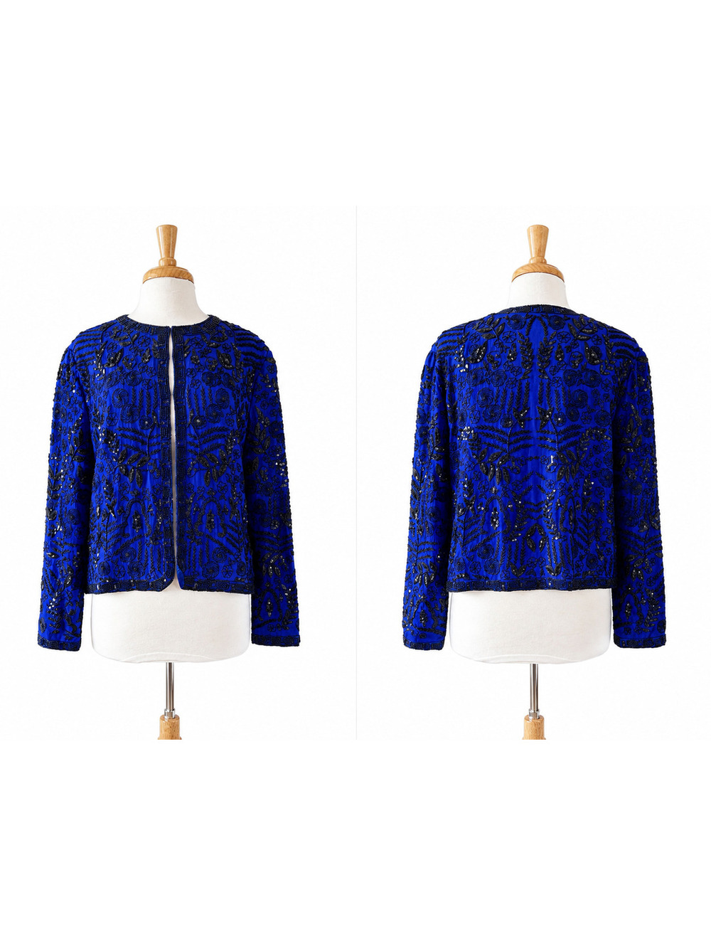 Vintage Scala Silk Beaded Sequin Jacket Blue Black Evening Part Art Deco M